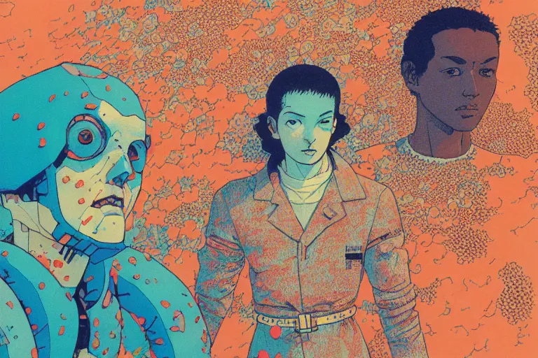 Image similar to risograph grainy drawing vintage sci - fi, satoshi kon color palette, gigantic gundam full - body covered in dead coral reef, 1 9 8 0, kodachrome, natural colors, comicbook spreadsheet, codex seraphinianus painting by moebius and satoshi kon and dirk dzimirsky close - up portrait