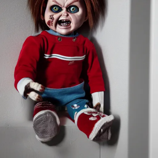 Prompt: Chucky the killer doll sitting in a dark closet with a little light shining in 8k hdr scary lighting