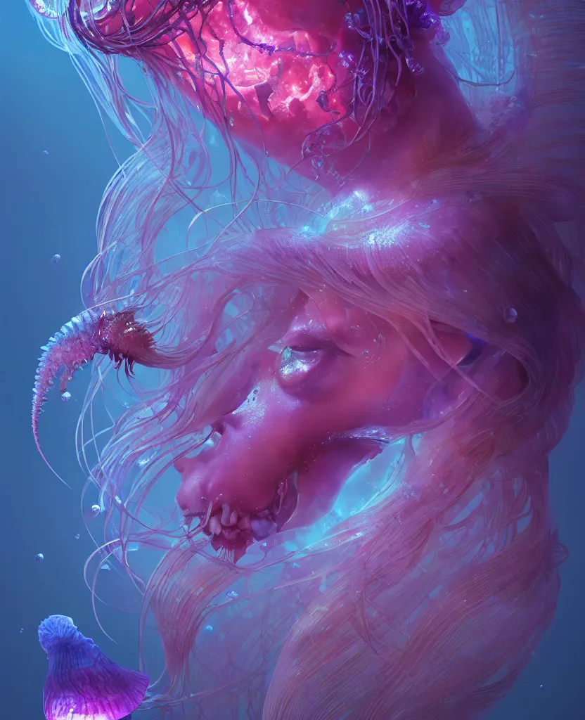 Image similar to goddess close-up portrait. orchid jellyfish phoenix head, nautilus, skull, betta fish, bioluminiscent creatures, intricate artwork by Tooth Wu and wlop and beeple. octane render, trending on artstation, greg rutkowski very coherent symmetrical artwork. cinematic, hyper realism, high detail, octane render, 8k