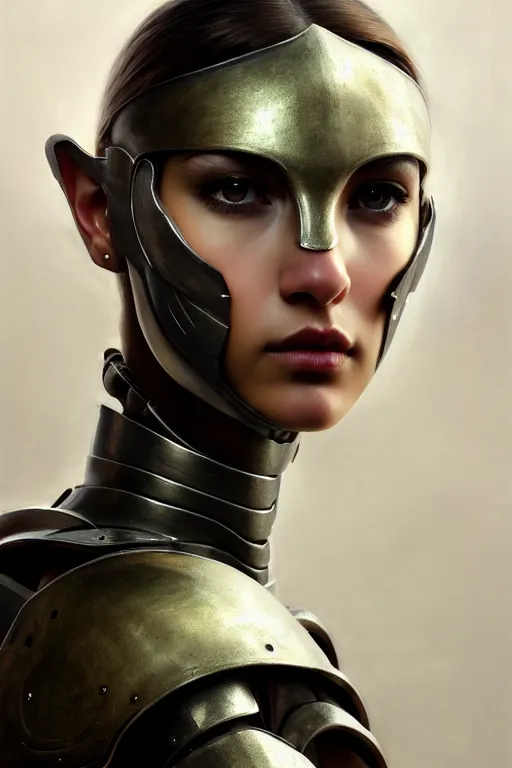 Image similar to a photorealistic painting of an attractive young girl, partially clothed in metal-plated battle armor, olive skin, long dark hair, beautiful bone structure, symmetrical face, perfect eyes, intricate, elegant, digital painting, concept art, illustration, sharp focus, minimal artifacts, from Metal Gear, in the style of Ruan Jia and Mandy Jurgens and Greg Rutkowski, trending on Artstation, award winning