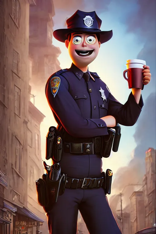 Prompt: an epic fantasy comic book style full body portrait painting of a police man drinking a cup of coffee, character design by Mark Ryden and Pixar and Hayao Miyazaki, unreal 5, DAZ, hyperrealistic, octane render, cosplay, RPG portrait, dynamic lighting, intricate detail, summer vibrancy, cinematic