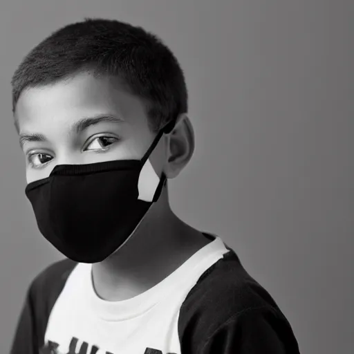 Prompt: black and white image of a teen boy wearing face mask