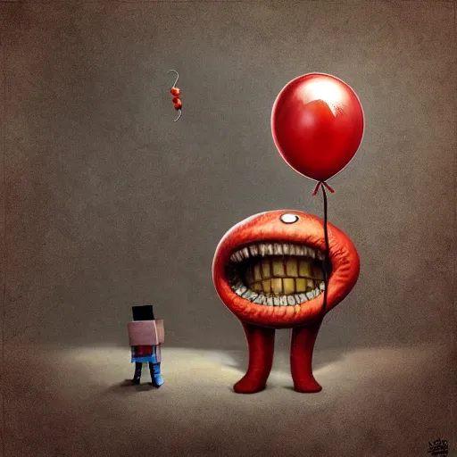 Prompt: surrealism grunge cartoon portrait sketch of a snake with a wide smile and a red balloon by - michael karcz, loony toons style, minecraft style, horror theme, detailed, elegant, intricate