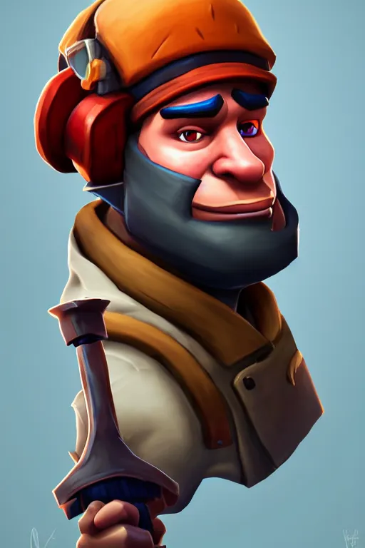 Prompt: beautiful highly detailed realistic stylized portrait of a small wacky guy with a sword, team fortress 2, fortnite, torchlight, heartstone, detailed character art, portrait, trending on artstation