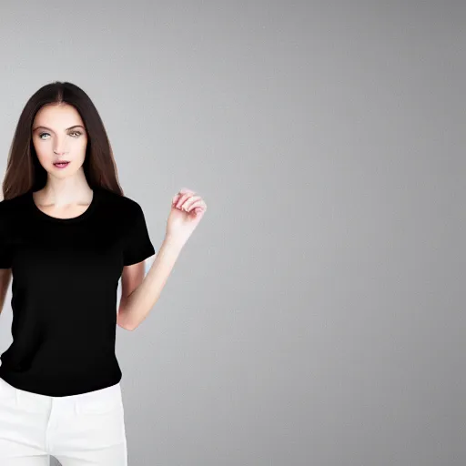 Image similar to clear photorealistic mockup product photograph of a blank black tshirt on an attractive female model in front of an indoor background - h 7 0 4