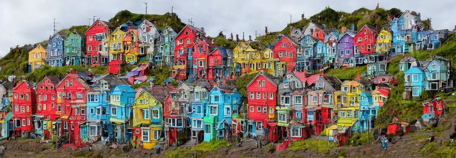 Prompt: quirky surreal naive terraced houses designed by alexander jansson, bright colors