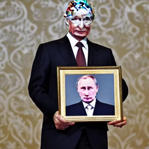 Prompt: putin is holding a picture of putin holding a portrait of putin