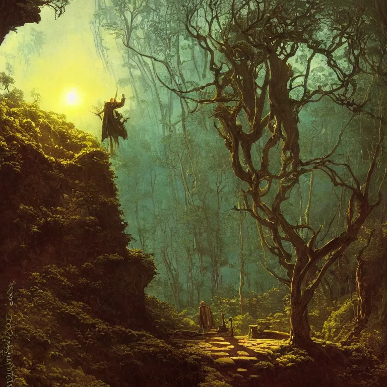 Image similar to a detailed landscape painting inspired by moebius and beksinski of a great forest with path and man with a cape over his head following the path. fantasy poster. cinematic fantasy scene. aurora lighting. fantasy. carl spitzweg. baroque elements. baroque element. intricate artwork by caravaggio. oil painting. award winning. dramatic. trending on artstation. 8 k