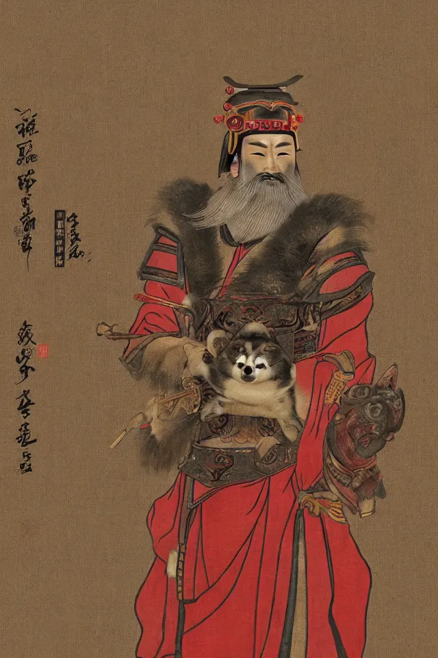 Prompt: a portrait of guan yu as a shiba inu, in the art style of han - era art, three kingdoms artsyle, artistic 4 k