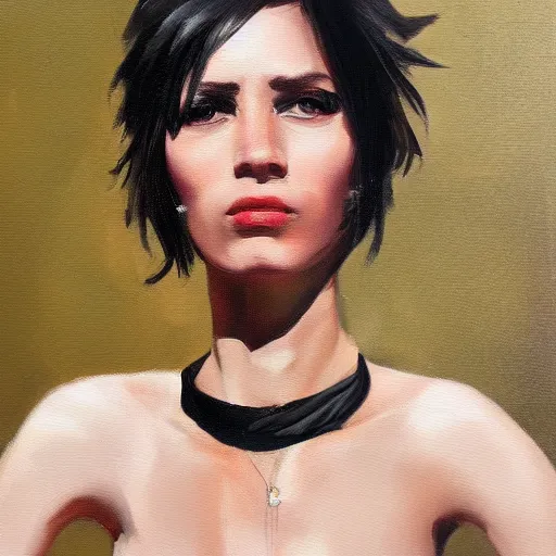 Image similar to oil painting of punk woman wearing large belt collar around neck, standing in city area, 4 k, artstation