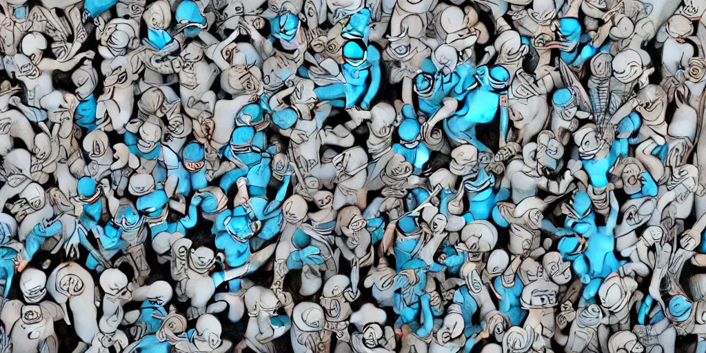 Prompt: a high detailed pencil drawing of long boned smurfs and color