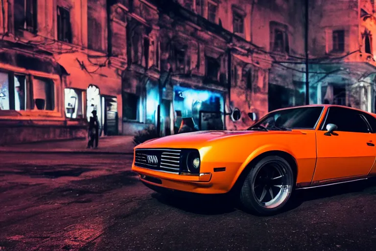 Image similar to widebody audi camaro b 1 ( 1 9 6 9 ), need for speed : carbon, at night, sci - fi, neon lines, lviv historic centre, phonk music background, smoke behind wheels, noise, dark, establishing shot, by simon stalenhag