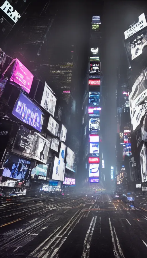 Image similar to 8k high resolution photograph of cyber punk New York Times Square on a foggy night, futuristic,