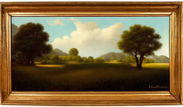 Prompt: A serene landscape with a singular building in the style of Martin Johnson Heade.