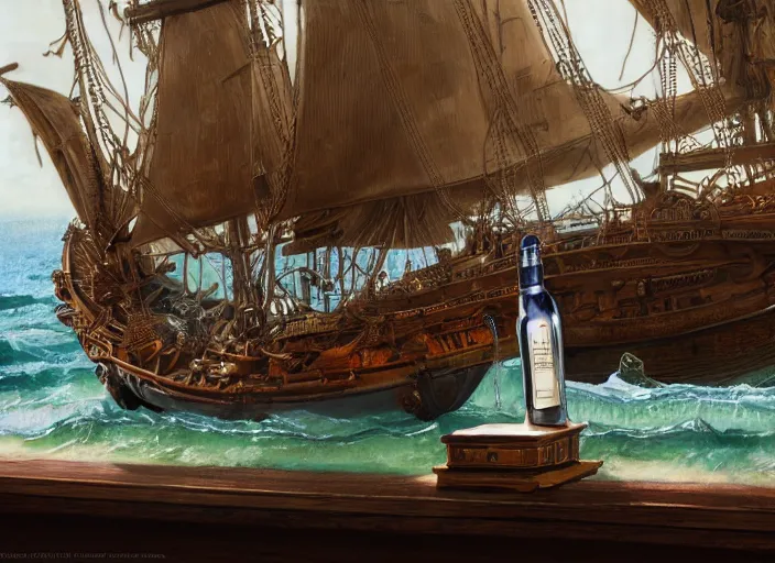 Prompt: hms bounty ship contained inside an ornate vintage glass bottle lying on a beach, by charles vess, studio ghibli, james gurney, artstation, 8 k, beautiful light, hyperrealism, studio photography