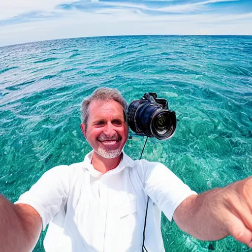 Prompt: national geographic photographer in the ocean taking a selfie smiling to the camera,