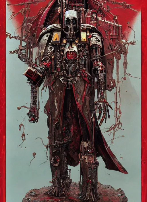 Prompt: portrait of adeptus mechanicus in red hood and robe and rotten flash head from Warhammer 40000. Highly detailed, artstation, illustration by and John Blanche and zdislav beksinski and wayne barlowe