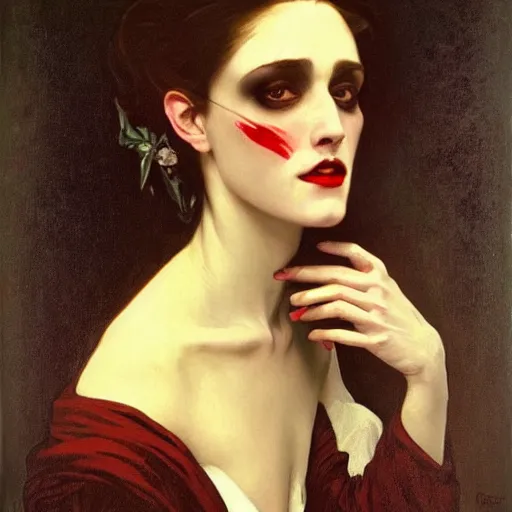 Image similar to A beautiful painting of a lady vampire, victorian, dracula, ominous, oil on canvas, photorealism, alphonse mucha, caravaggio, high definition, soft light