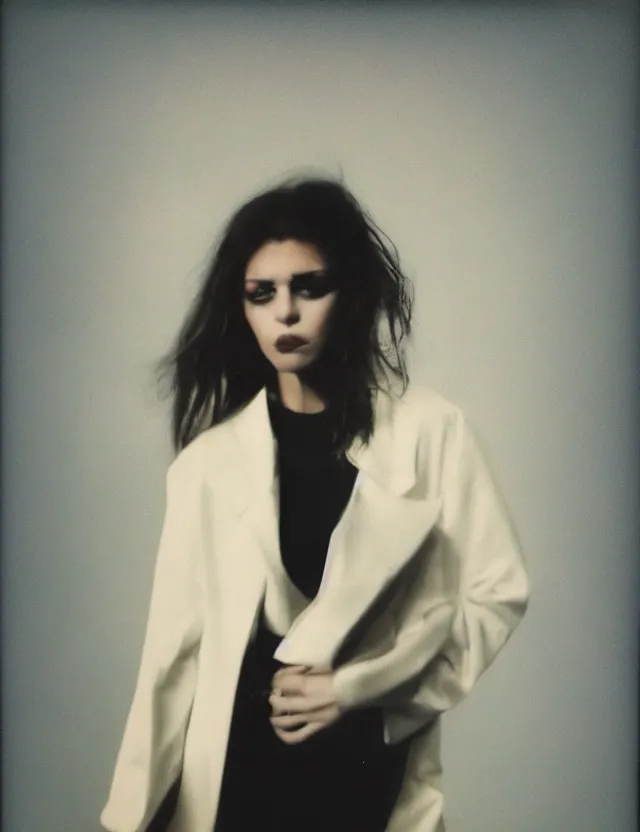 Image similar to polaroid photo with flash, non ordinary beauty female model, in a oversize blazer, polaroid photo bleached strong lights, kodak film stock, hyper real, stunning moody cinematography, with anamorphic lenses, by maripol, detailed