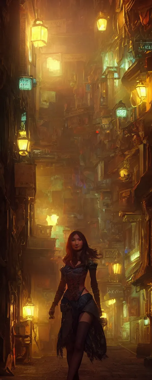 Prompt: portrait of tavern bard gemma chan infront of tiny, narrow dark streets with exotic dancers, exterior, two stories, vaporwave aesthetics, 8 k uhd, unreal engine, octane render in the artstyle of finnian macmanus, john park and greg rutkowski