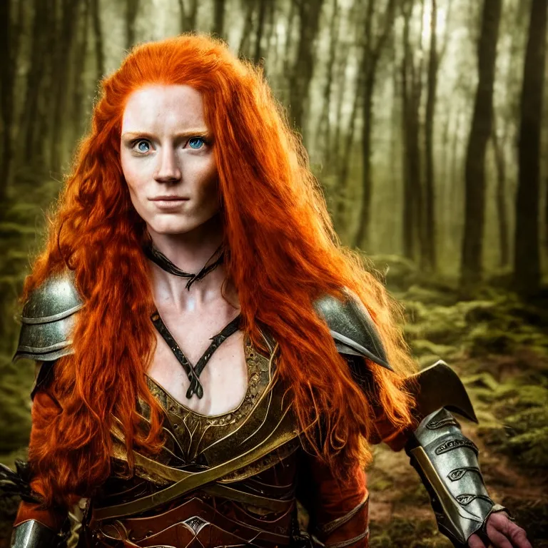 Image similar to 5 5 mm portrait photo of an armored handsome well - built female warrior, red hair, ginger hair, in a magical forest in the style of lord of the rings, highly detailed 8 k. intricate. lifelike. soft light. nikon d 8 5 0. cinematic post - processing