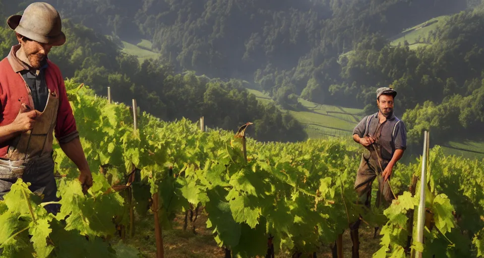 Prompt: A beautiful hyper realistic ultra detailed lifelike matte painting of traditional austrian vineyard worker, unreal engine, deviantart, flickr, artstation, octane render, textured, colorful, extreme realistic detail, physically based rendering, pbr render, very detailed, volumetric lighting, detailed lighting, octane render, 4k, cinematic lighting, 8k resolution