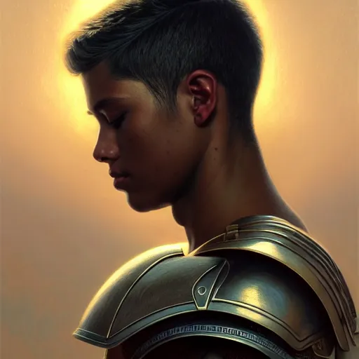 Image similar to portrait painting of a sun - kissed young melancholic man with a soft face and short blonde hair wearing armor, ultra realistic, concept art, intricate details, eerie, highly detailed, photorealistic, octane render, 8 k, unreal engine. art by artgerm and greg rutkowski and charlie bowater and magali villeneuve and alphonse mucha