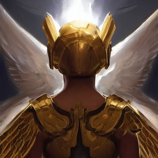 Prompt: golden heavy armored angel, wings made of light, metal halo, no face, hooded, gold, fantasy, concept art, digital art, ultra realistic, character art by greg rutkowski and artgerm