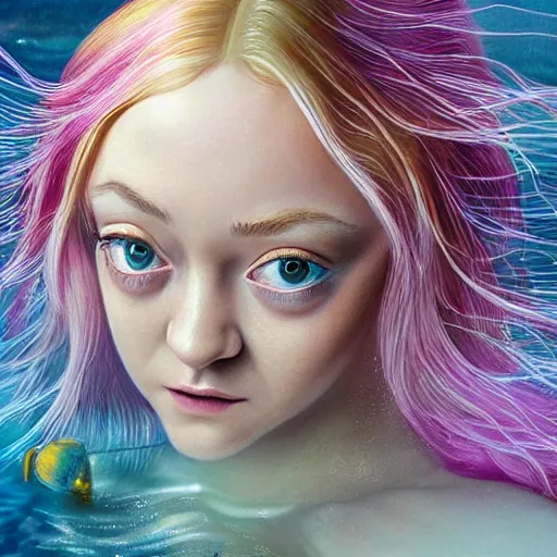 Image similar to dakota fanning portrait, fantasy, mermaid, hyperrealistic, game character, underwater, highly detailed, sharp focus, cinematic lighting, pearls, glowing hair, shells, gills, crown, water, highlights, starfish, jewelry, realistic, digital art, pastel, magic, fiction, ocean, king, colorful hair, sparkly eyes, fish, heroic, goddess, waves, bubbles, queen