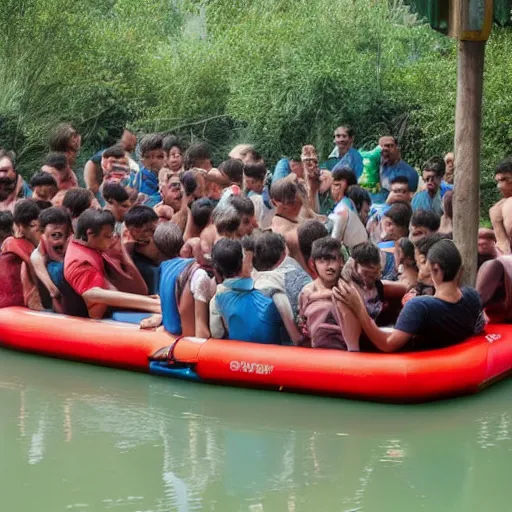 Image similar to a group of refugees on a raft, water ride amusement park, war photography