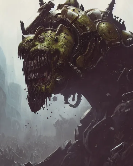 Image similar to hyper realistic portrait of heroic warhammer 4 0 k beast, android head, cinematic, chaos marine, wolf, horror, nurgle, artstation, cgsociety, full head and shoulders, greg rutkowski, james gurney, mignola, craig mullins, brom redshift, vray, octane