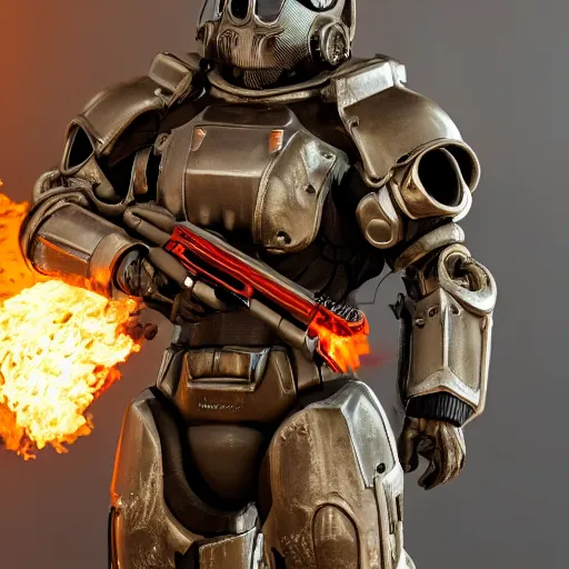 Image similar to a soldier wearing a full set of hellfire advanced power armor and holding a flamethrower, 3 d render, octane, ray tracing, ultra detailed, photorealistic, high resolution, 8 k