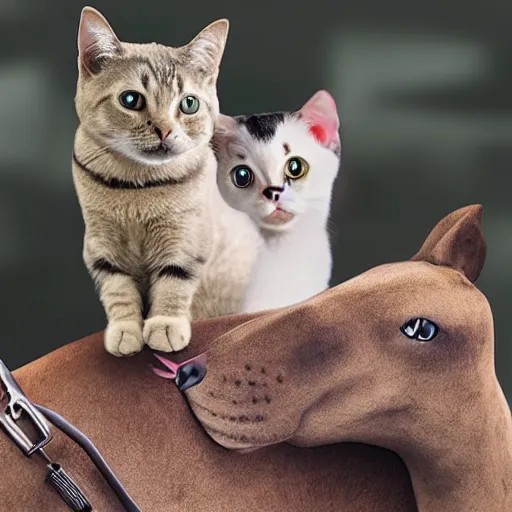 Prompt: a cat sitting on a dog's back while the dog is riding a horse, realistic, 4k