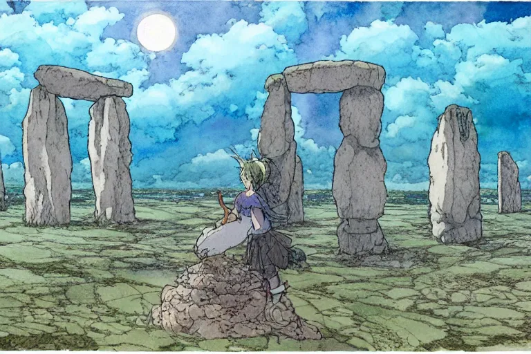 Image similar to a hyperrealist studio ghibli watercolor fantasy concept art. in the foreground is a giant hand coming down from the sky holding a stone. in the background is stonehenge. the scene is underwater on the sea floor. by rebecca guay, michael kaluta, charles vess