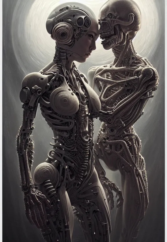 Image similar to ultra realist intricate detailed horror painting of an attractive alien female and a cyborg male, full body, curvy, cyborg tech, symmetry accurate features, very intricate details, horror, side lighting, focus, 8k render, artstyle Hiraku Tanaka and Tom Bagshaw, award winning