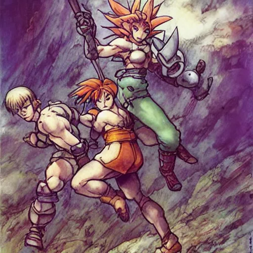 Image similar to crono stands atop a mountain of slain enemies as marle and ayla hug his legs, epic reimagining of chrono trigger by frank frazetta