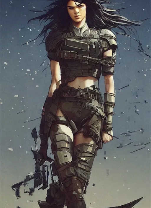 Image similar to kendall jenner wearing metal gear armor holding gun dramatic lighting art by Richard Schmid by Hokusai by greg rutkowski by trevor henderson by ross draws cinematic dramatic