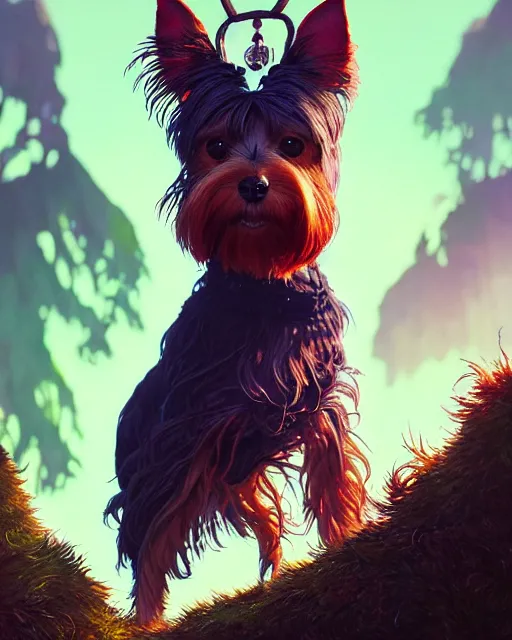 Prompt: highly detailed surreal vfx portrait of a nowpunk yorkshire terrier, stephen bliss, unreal engine, greg rutkowski, loish, rhads, beeple, makoto shinkai and lois van baarle, ilya kuvshinov, rossdraws, tom bagshaw, alphonse mucha, global illumination, detailed and intricate environment