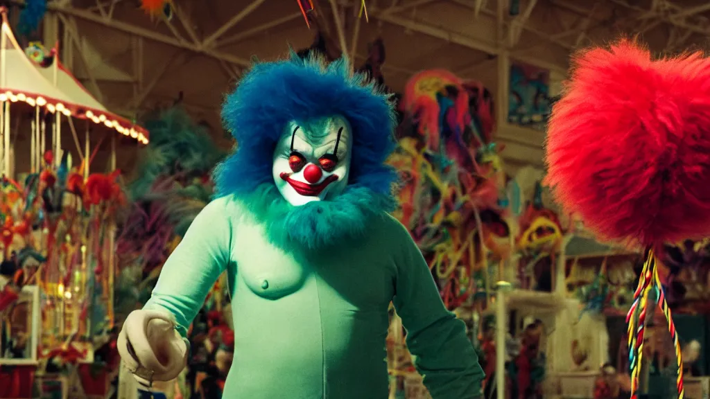 Prompt: the clown monster at the fair, they tie a balloon animal, film still from the movie directed by denis villeneuve and david cronenberg with art direction by salvador dali and dr. seuss