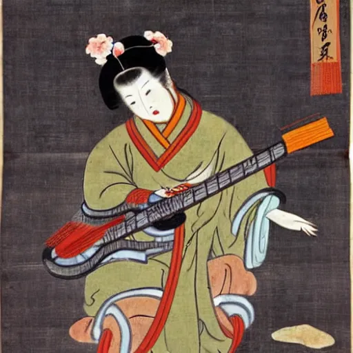 Prompt: the Chinese ancient painting of a lady playing electric guitar in Tang Dynasty , by Han Xizai