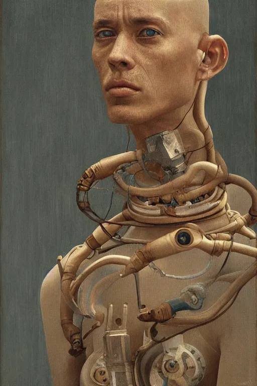 Image similar to robot monk painting a self - portrait on a canvas. intricate, highly detailed, photorealistic, film still, by vdragan bibin.