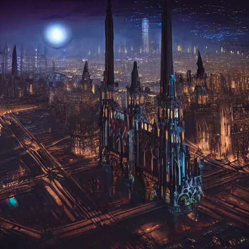 Prompt: fictional city, gothic architecture, cyberpunk, nighttime moonlight, decadent, aerial view, matte painting