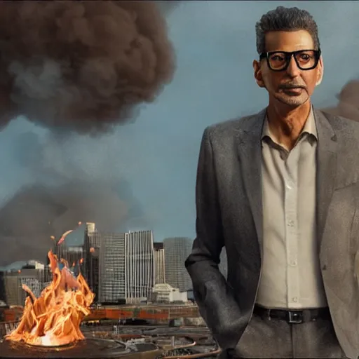 Image similar to hyperrealistic image of jeff goldblum on fire, by thomas eakes & xiang duan & mike judge, perfect symmetry, dim volumetric lighting, photorealistic, 8 k octane beautifully detailed render, post - processing, extremely hyper - detailed, intricate, epic composition, cinematic lighting, masterpiece, trending on artstation, incredibly detailed, stunning,