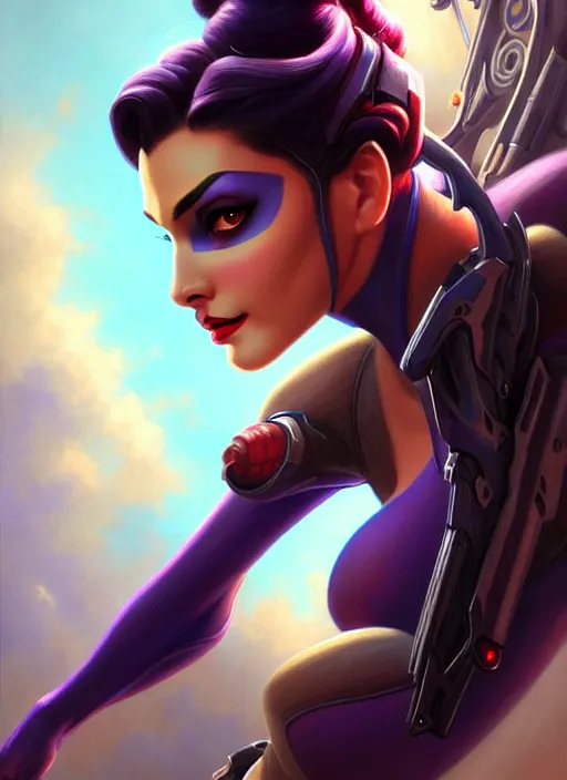 Prompt: beautiful widowmaker from overwatch, fantasy, fantasy art, character portrait, portrait, close up, highly detailed, scifi art, intricate detail, amazing detail, sharp focus, vintage fantasy art, vintage sci - fi art, radiant light, trending on artstation, caustics, by boris vallejo