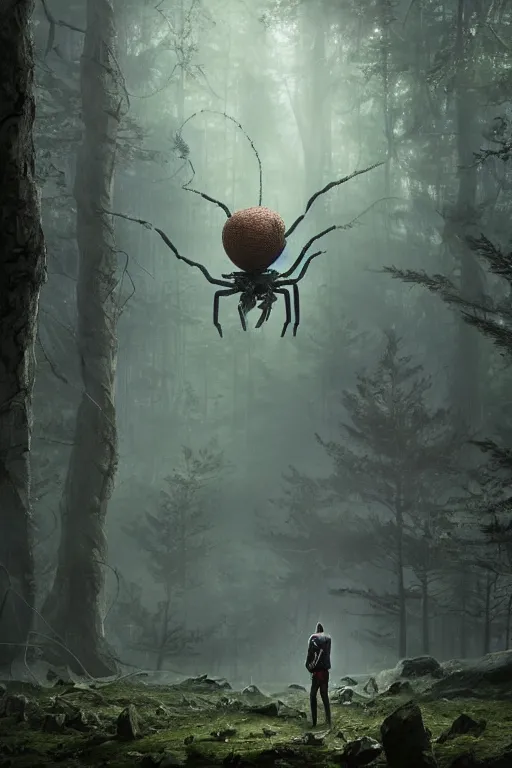 Image similar to A small character standing before a giant spider in the forest by Greg Rutkowski, Sung Choi, Mitchell Mohrhauser, Maciej Kuciara, Johnson Ting, Maxim Verehin, Peter Konig, final fantasy , 8k photorealistic, cinematic lighting, HD, high details, atmospheric,