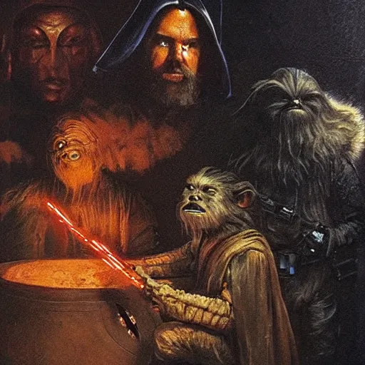 Prompt: a scene from star wars by rembrandt