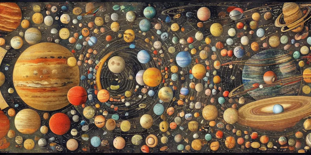 Prompt: the solar system in the style of heironymus bosch, intricate colorful masterpiece, hyper detailed, hd