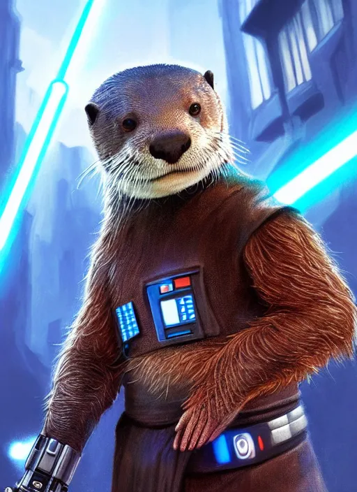 Image similar to portrait, anthropomorphic otter wearing Jedi robes wielding a blue lightsaber in a futuristic river town. Dramatic lighting, cinematic, establishing shot, extremely high detail, photo realistic, post processed, artstation, matte painting, style by eddie mendoza, raphael lacoste, alex ross