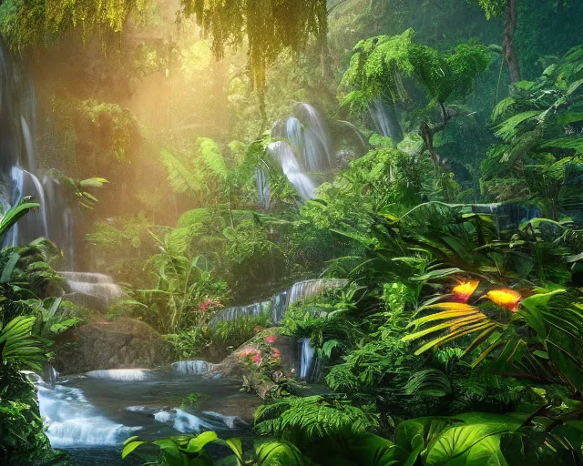 Image similar to beautiful jungle environment, waterfall, high trees, flowers, sunset, mystic, unreal engine 5, global illumination, raytracing, 8 k, hyper realistic, trending on artstation