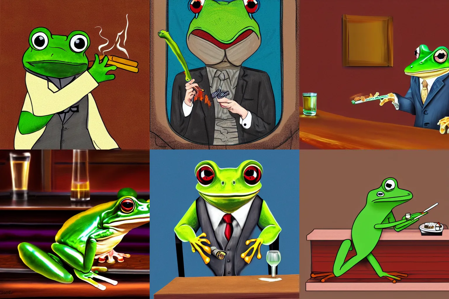 Prompt: A frog in a suit sitting at a bar smoking a cigarr, digital art